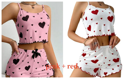 Women'S Pajamas Set Sleepwear 2 PCS Short Tank Tops and Shorts S M L White Ventilate Soft Casual Love Printing