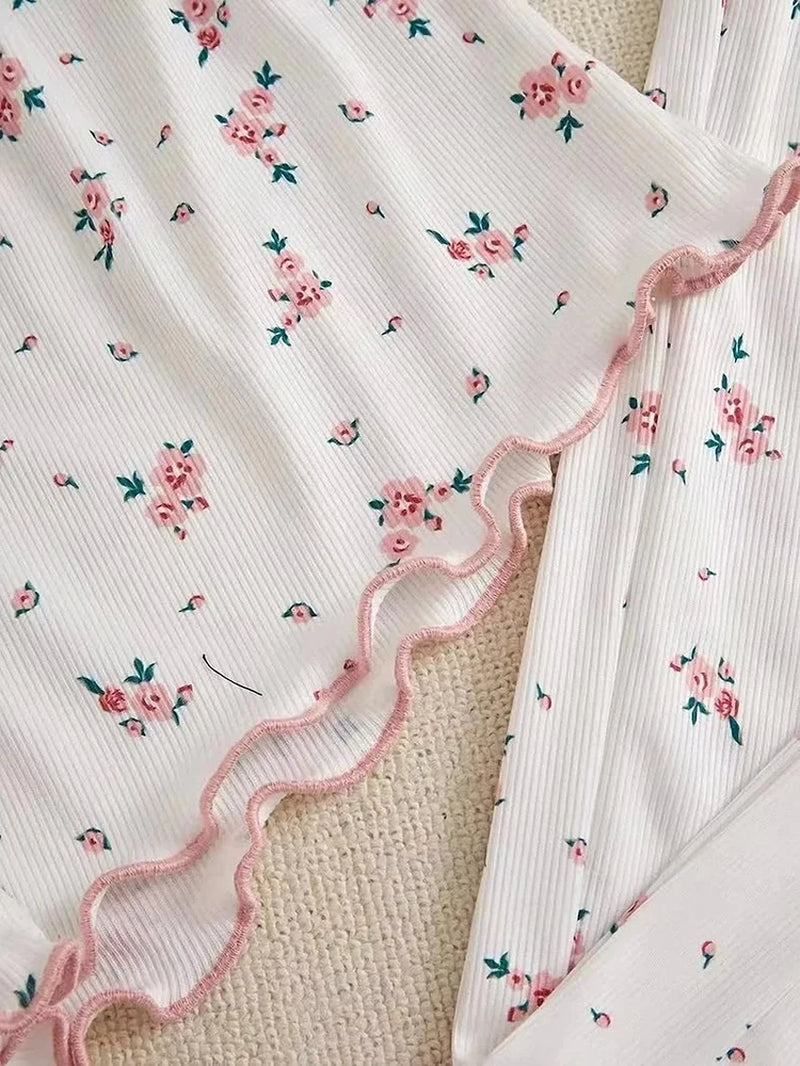 Women'S Two-Piece Summer Ribbed Knitted Flower Print Lace Trimmed Camisole Vest and Bow Shorts Sexy Pajama Set