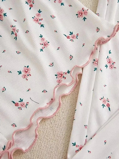 Women'S Two-Piece Summer Ribbed Knitted Flower Print Lace Trimmed Camisole Vest and Bow Shorts Sexy Pajama Set