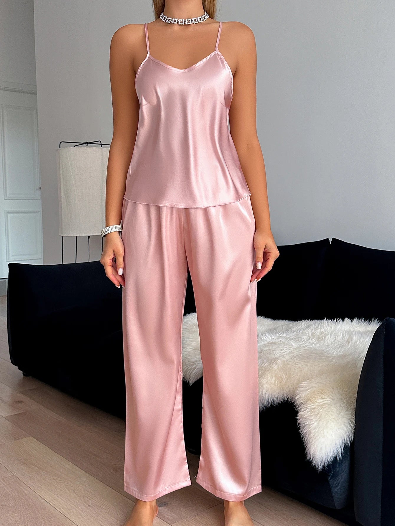 V Neck Women'S Pajama Set Solid Color Halter Pants Fashionable and Comfortable 2 Piece Set