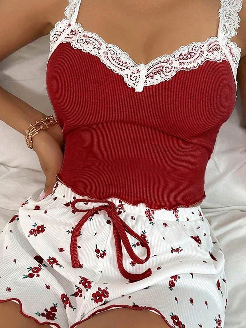 Women'S Two-Piece Summer Ribbed Knitted Flower Print Lace Trimmed Camisole Vest and Bow Shorts Sexy Pajama Set